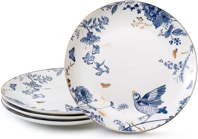 Porcelain Floral Plates 10 Inch Ceramic Salad Plates Kitchen Plates Set of 4 Blue and White Dinner Plates, Pasta Plate for Appetizer, Dessert,Party,Housewarming,Gift