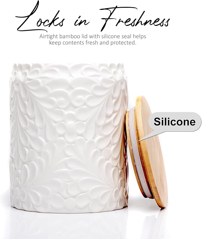 Small Engraved Ceramic Kitchen Canister - Storage Jars with Airtight Lids Made from Bamboo with Nature-Inspired Engraving - Use as a Pasta Holder, Coffee Ground Holder, Rice Container - 30 Ounces