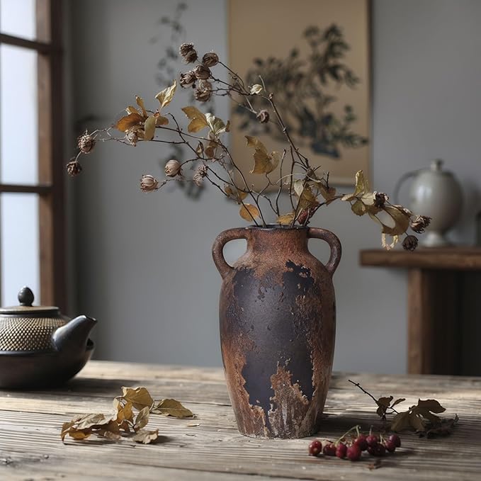 Rustic Ceramic Vase with Handles - 8.7 Inch Terracotta Wabi Sabi Decorative Flower Vase for Home Decor, Farmhouse Vintage Pottery Centerpiece for Table, Shelf Decor, Living Room or Entryway Decorative