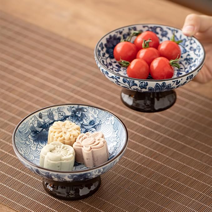 Vintage Blue and White Porcelain Tea Pastry Tray - Footed Fruit Platter, Asian Style Small Plates, Snack Dessert Nut Bowls, Ceramic Serving Tray, Japanese and Asia Phoenix Design