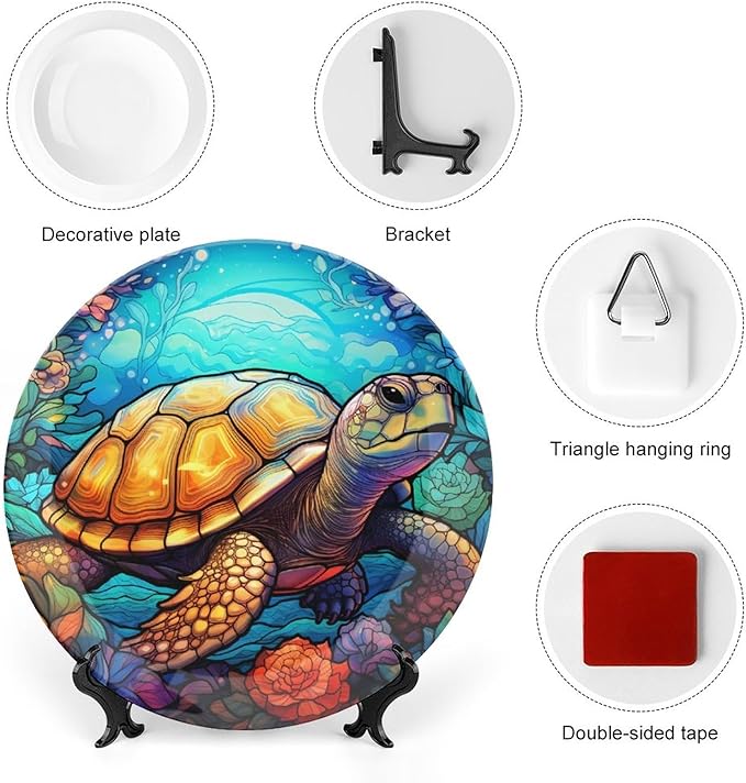 Decorative Plates for Wall Hanging, Ocean Turtle & Flower Stained Glass Design Ceramic Plate w/ Display Stand, Home Decor for Kitchen Cabinets, Farmhouse Round Tray 6 Inch, Gift for Turtle Lovers