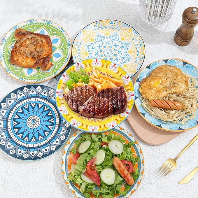 Dessert Plate Set of 6-8 Inch Ceramic Salad and Appetizer Plates - Vibrant Mix-and-Match Colors - Dishwasher and Microwave Safe