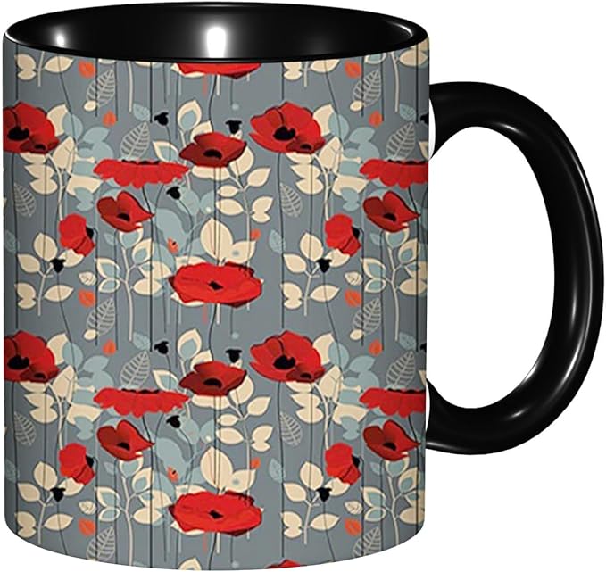 Poppy Flower,Funny Novelty Ceramic Coffee Cups With Handle,Floral Garden Leaves Modern Nature Tea Cup for Office and Home, 11 Oz,Dishwasher Microwave Safe (Black)