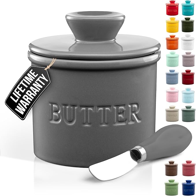Zulay Kitchen Bell Shaped Butter Crock with Lid for Countertop with Water Line & Spreader Knife, Ceramic French Butter Dish Keeper For Fresh, Soft & Spreadable Butter - Gray