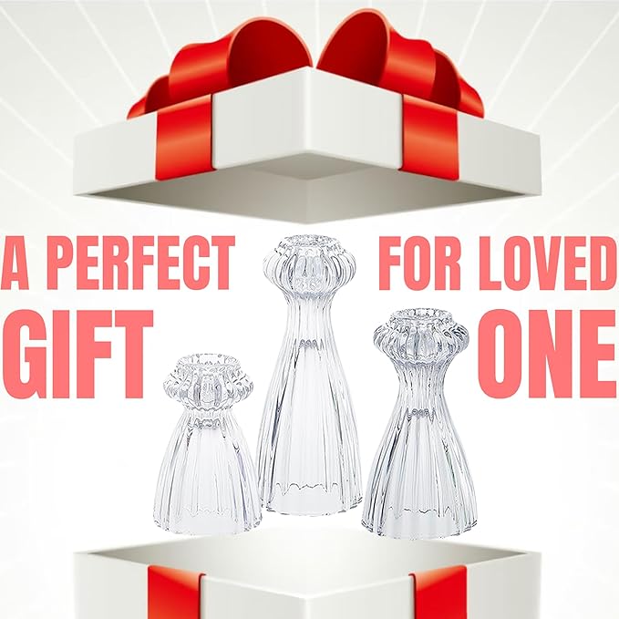 Lysenn Glass Candle Stick Holder Set of 3 – Premium Taper Candle Holders for Romantic Ambiance - Candle Sticks Holder Decor for Special Occasions - Clear