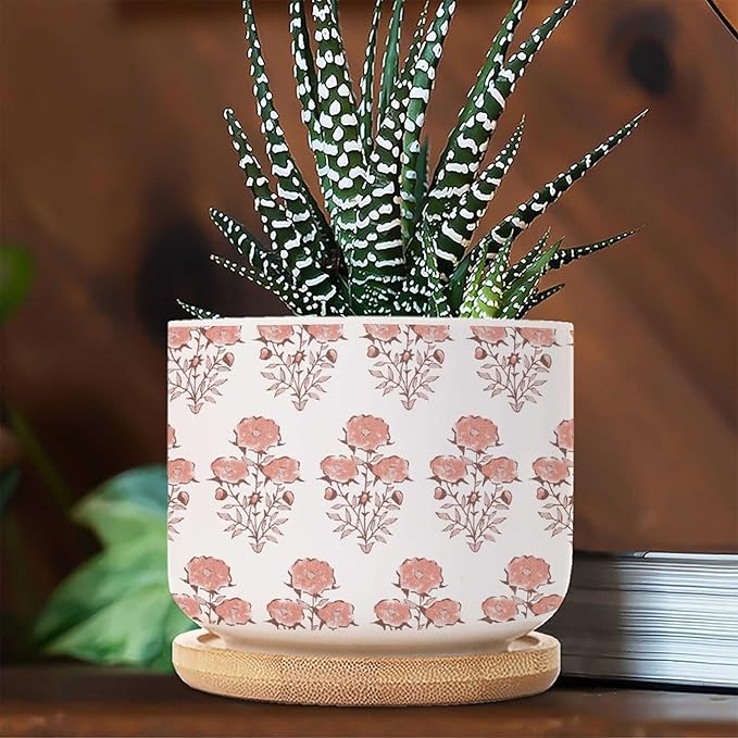 Set of 5 Watercolor Chinoiserie Floral Small Pots for Succulents Coral Orange Flower Ceramics Plant Pot with Drainage Bamboo Trays Asian Scenery Chinoiserie Cactus Pot