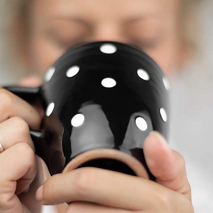 City to Cottage Ceramic Cappuccino Mug with Large Handle, 10oz Coffee Mug for Latte Hot Chocholate Tea, Daily Morning Dring at Home Office Work, Christmas Housewarming Gift Black and White Polka Dot