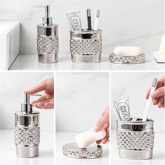3-Piece Silver Ceramic Bathroom Accessories Set - Luxurious Soap Dispenser, Toothbrush Holder & Soap Dish with Modern Geo Embossed Design for Bathroom Accessory Set