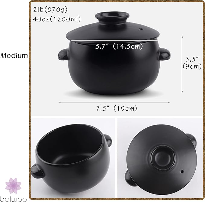 Korean Earthenware Pot Ttukbaegi, Ceramic Clay Cooking Pot Petalite Casserole, Heat Resistant Ceramic Pot, Zero-Crack Stone Bowl Stockpot Soup Cookware (Medium)