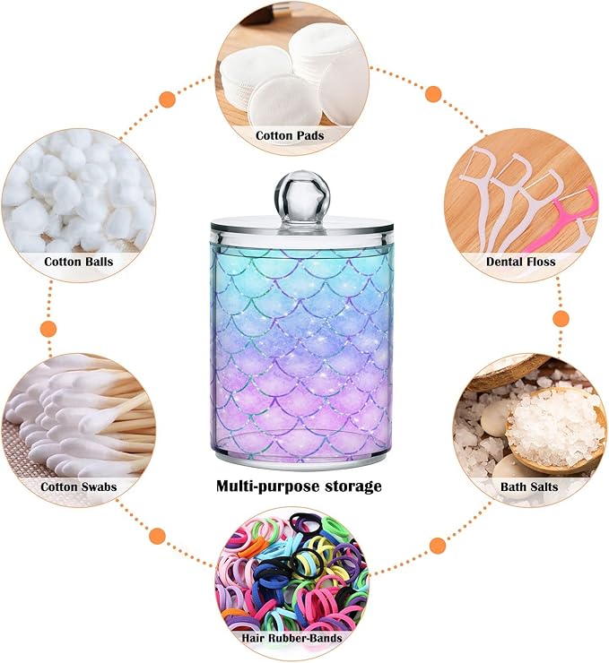 MNSRUU 2 Pack Qtip Holder Organizer Dispenser Pink Blue Mermaid Scales Bathroom Storage Canister Cotton Ball Holder Bathroom Containers for Cotton Swabs/Pads/Floss