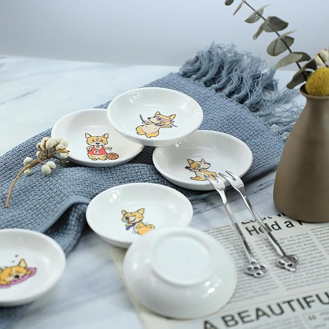 SOCOSY Super Cute Cartoon Animal Pattern Ceramic Sauce/Seasoning/Sushi Soy Dipping Bowl/Appetizer Plates/Serving Dish for Kitchen Home (Set of 6) - Corgi