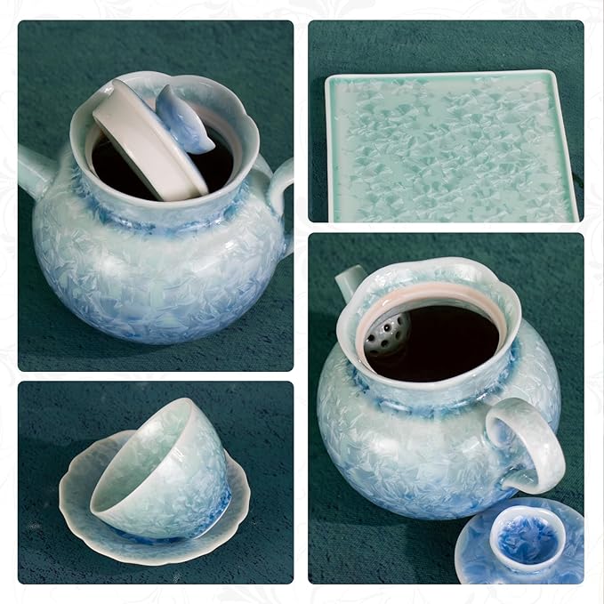 KAMMAK Tea Set for Adults Porcelain Tea Pot and Tea Cups Set, Blue and Green Gradient Japanese Ceramic Tea Cups and Saucers Set, Chinese Gong Fu Tea Set (2 Saucer+ 2 Cups +1 Tea Pot + 1 Square Plate)