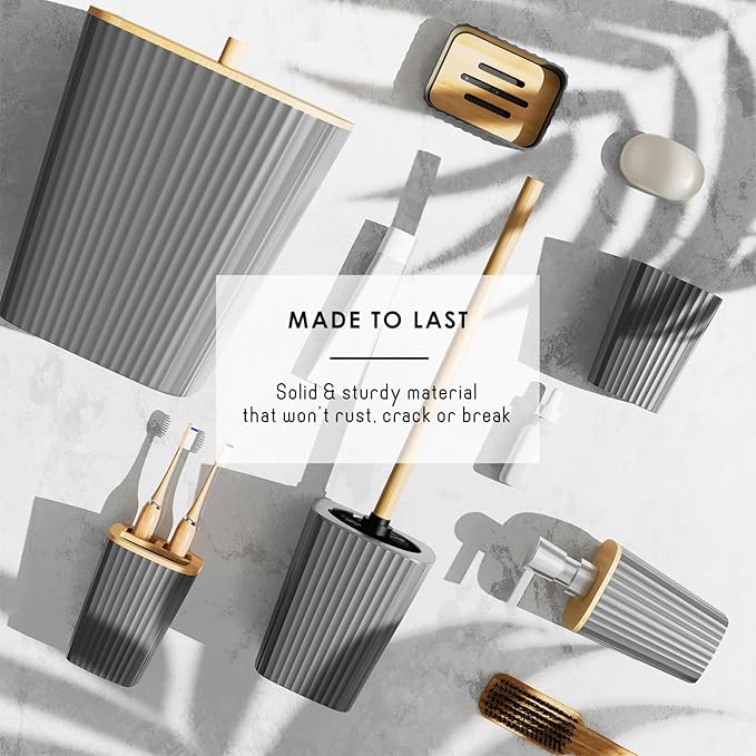 Clara Clark Bathroom Set - Grey Bathroom Accessories Set, 6PC Bathroom Accessory Set, Bathroom Sets with Bathroom Rugs, Adhesive Corner Shower Caddy Hanging, Toilet Brush, Trash Can & Soap Dispenser
