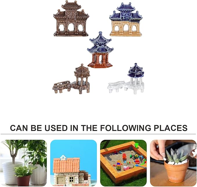 Yardwe Ceramic Pavilion Ornaments 5Pcs Miniature Garden Sculptures for Patio Lawn Bonsai Decorations Outdoor Micro Landscaping Accessories