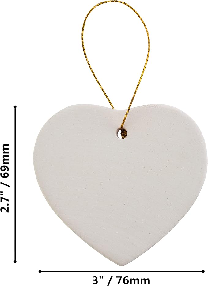 Creative Hobbies Ready to Paint DIY Ceramic Bisque Heart Ornaments with Hanger for Christmas Tree and Holiday Decoration | Pack of 12