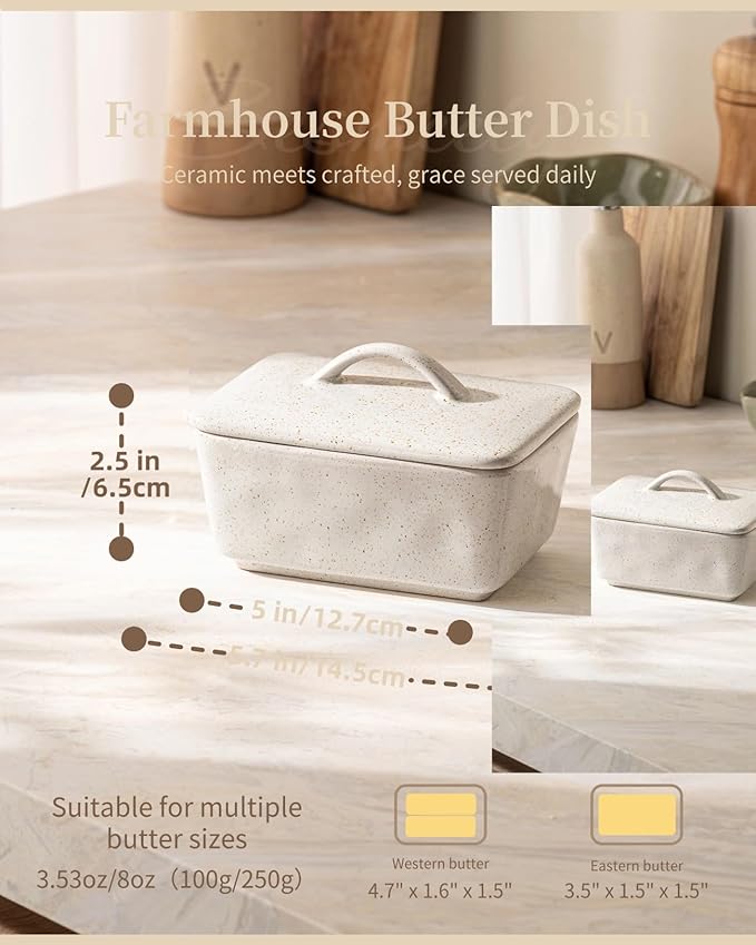 Besmeety Ceramic Butter Dish with Lid for Countertop, European 250g Butter Keeper, Vintage Farmhouse Decor (Gray)