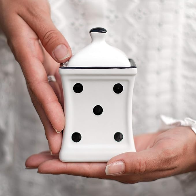 City to Cottage Handmade Small 5.3oz/150ml Ceramic Kitchen Herb, Spice, Storage Jar with Lid, Pottery Canister, Housewarming Gift (White and Black Polka Dot)