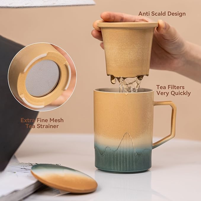 Ceramic Tea Mug with Infuser & Lid, 15oz Kiln-Transformed Unique Cup – Nature's Artisan Design, Loose Leaf Tea Cup with Infuser, Insulated Ceramic Coffee Mugs with Lid, Gift for Women/Men