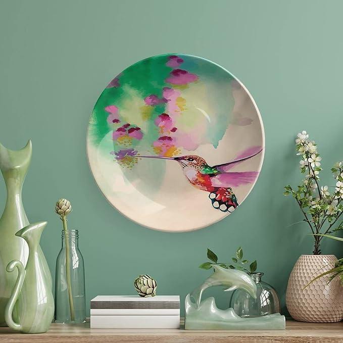 XISUNYA 6 Inch Decorative Plate, Hummingbird Tableware Plate, Colibri Bird Flowers Spring Tropics Theme Print Ceramic Wall Hanging for Home & Office Wall Hanging Decor