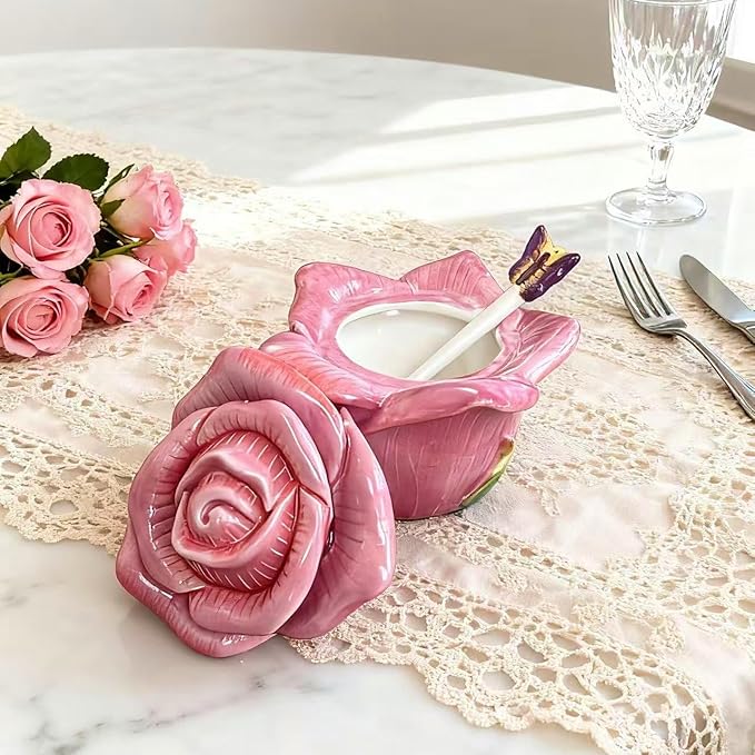 Ceramic Rose Spice Jars - 3D Hand-Sculpted & Hand-Painted Condiment Pots for Salt, Sugar, Pepper (Fuchsia)