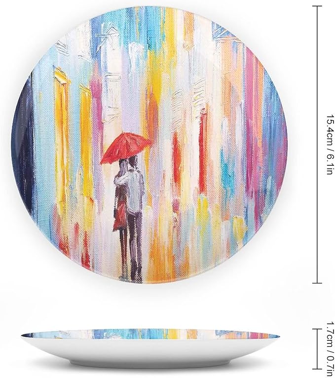 XISUNYA 6 Inch Decorative Plate,Love Decor Ceramic Stoneware, Love Couple in Street Rainy Day Romance Print Ceramic Wall Hanging Decor Accessory for Dining Table Tabletop Home Decor