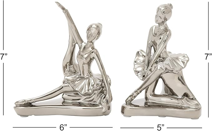 Deco 79 Porcelain Ceramic Dancer Decorative Sculpture Home Decor Statues, set of 2 Accent Figurines 6" x 3" x 7", Silver