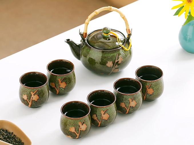 Traditional Japanese tea set, Kiln altered glaze Porcelain tea set with 1 Teapot, 6 Tea cups, 1 Tea Tray,Japanese teapot set, Asian tea sets (Kiln altered-Green)