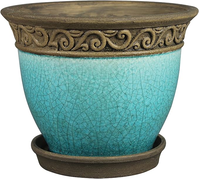 Southern Patio Cadiz 8 Inch Round Crackled Ceramic Indoor or Outdoor Garden Planter Pot with Saucer for Flowers and Plants, Teal (3 Pack)