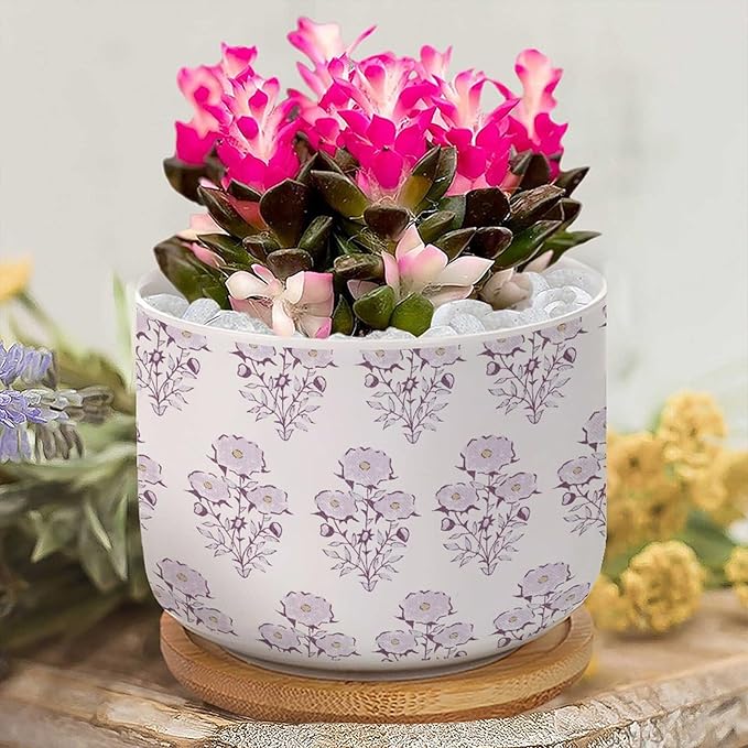 Set of 2 Watercolor Chinoiserie Floral Small Ceramics Pots for Plants Light Purple Flower Ceramics Plant Pot with Drainage and Bamboo Tray Chinoiserie Style Cactus Planter for Indoor