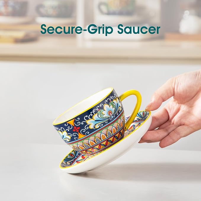 vancasso 8 oz Cappuccino Cups with Saucers Set of 6, Bohemian Ceramic Coffee Cup for Latte, Tea, Espresso, Microwave & Dishwasher Safe - Porcelain Latte Mugs for Kitchen or Cafe