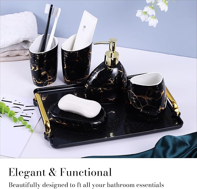 Black Bathroom Accessories Set,Gold Marble Look Bathroom Decor,Modern 6 Piece Bathroom Accessory Set,Complete with Soap Dispenser,Toothbrush Holder,Tumbler,Tray Countertop