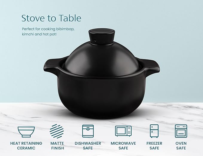 Kook Korean Dolsot Bowl with Lid, 68 oz | Donabe Style Cookware for Bibimbap, Kimchi, Soups & Stews | Oven & Dishwasher Safe, Black