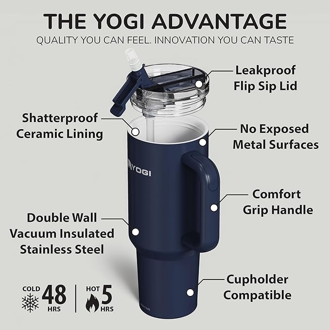 YOGI Ceramic Lined Metal Allergy Safe 40oz Tumbler with Handle and Straw Leakproof Flip & Sip Lid Vacuum Insulated Stainless Steel Travel Cup for Iced Coffee Water and All-Day Hydration 40oz Eclipse