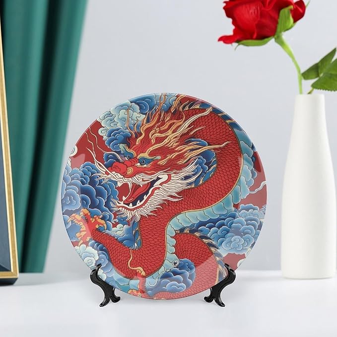 Red Dragon Chinoiserie Asian Inspired Ceramic Decorative Plate of 6", 7", 9", 10", Custom Ceramic Display Plate, Display Home Decorations Housewarming Gifts, Including Bracket And Special Hook