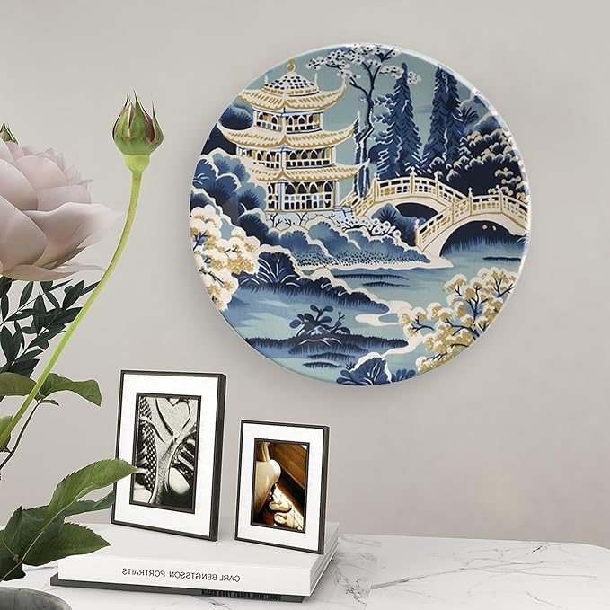 China Plates Blue And White Chinoiserie Pagoda Ming Toile Asian Personalized Decor for Household Home Kitchen Club Chinese Plates Unique Art with Stand, Multi Sizes by Choosing, Gifts for Men Women