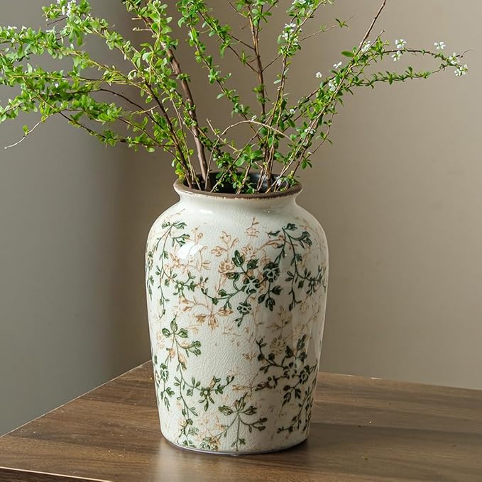 Vintage Pastoral Green and Beige Vase, Round Ceramic Floral Vases, Retro Ice Cracked Chinoiserie Vase for Home Decor, Living Room, Bookshelf, Office, Rustic Table Centerpiece 7.8 Inch