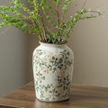 Vintage Pastoral Green and Beige Vase, Round Ceramic Floral Vases, Retro Ice Cracked Chinoiserie Vase for Home Decor, Living Room, Bookshelf, Office, Rustic Table Centerpiece 7.8 Inch