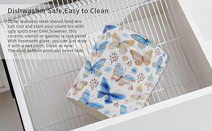 Kitchen Utensil Holder,7.2-inch Extra Large Sturdy Ceramic Floral Butterfly Pattern Utensil Crock,Cooking Utensil Organizer for Kitchen Counter Decor,Storage Caddy Farmhouse Gift Butterflies