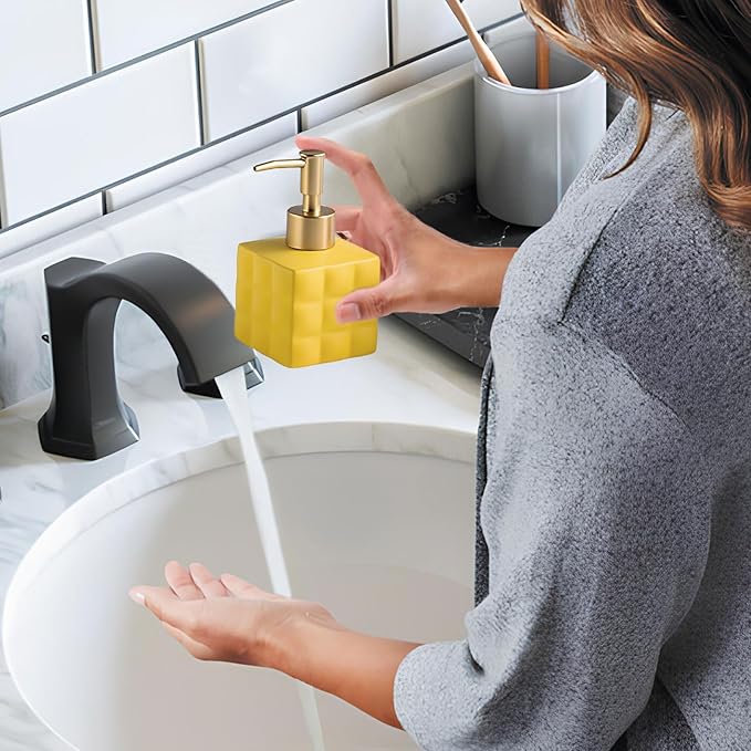 Hand Soap Dispenser Dish Cube Soap Dispenser Countertop 7.44 FL OZ. /220 ML Hand Lotion Pump Bottle Ceramic Lotion Container Liquid Hand Soap Jar Shower Dispenser Kitchen Bathroom Décor (Yellow)