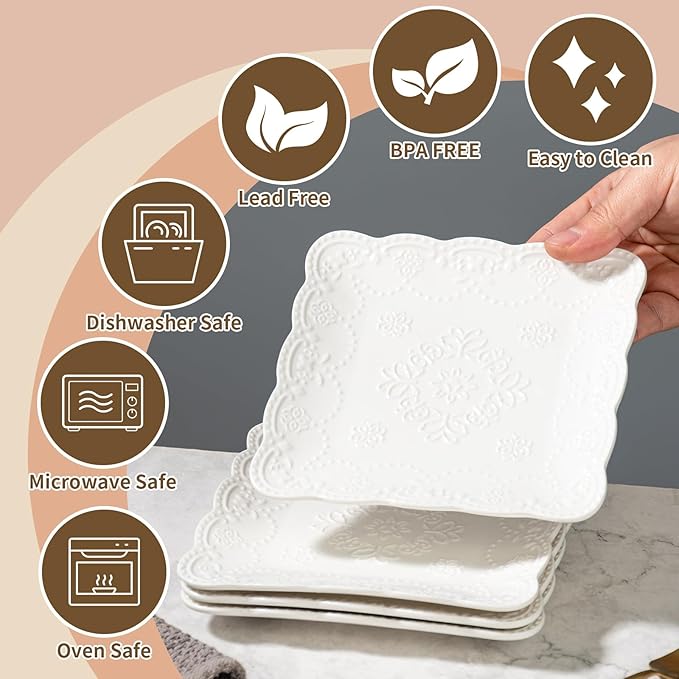 White Small Dessert Plates Set of 4,Ceramic Dinner Plates 6 Inch for Appetizer, Fruits, Cake, Salad,Microwave Safe,Christmas Gift,Relief Style