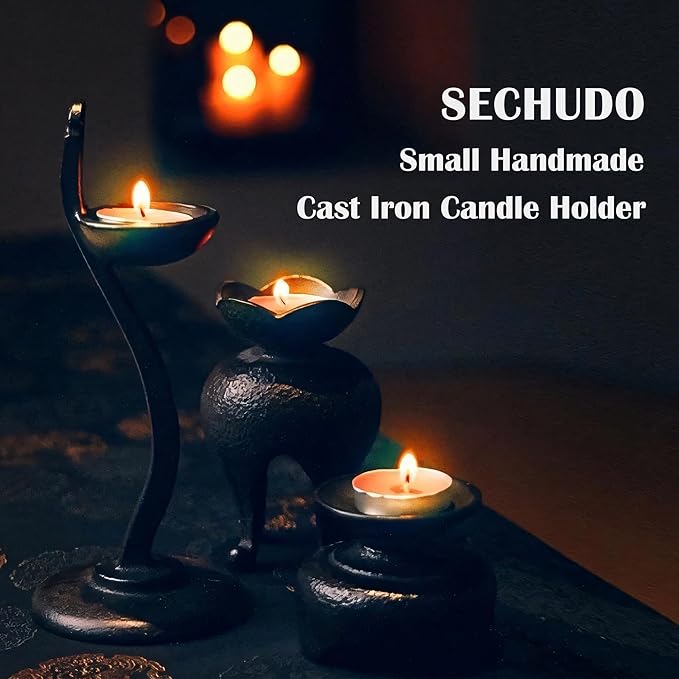 Japanese Style Cast Iron Candle Holder, Small Handmade Vintage Candlestick Holders, Rustic Pillar Candle Holder, Farmhouse Candle Stand for Fireplace Shelf Home Decor (4.53" Tall Pattern)