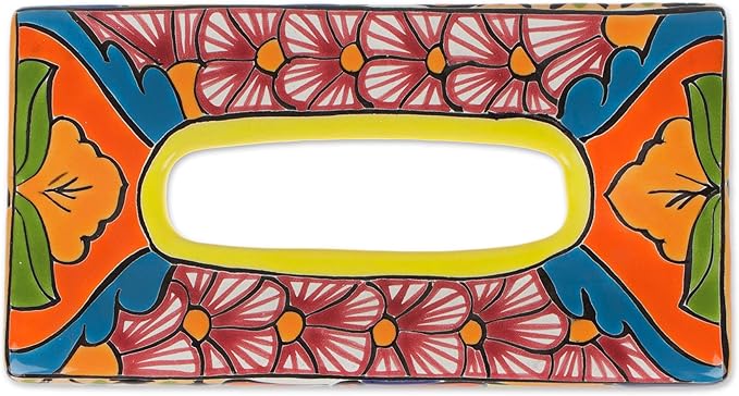NOVICA Artisan Crafted Ceramic Tissue Box | Talaverastyle Cover Floral | Multicolor Decor Accessories | Vanity Folk Art | Floral Motifs | Mexico ' Hacienda Convenience' 2.8" H x 11" W x 5.75" D