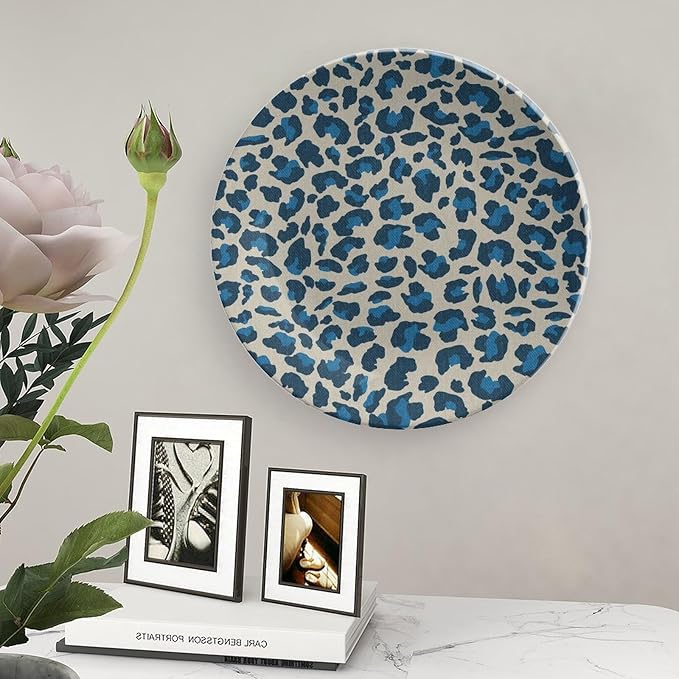 Leopard Animal Print Blue Plates Ceramic, Animals Wildlife with Textures Ceramic Craft for Decorative Ornaments for Table Farmhouse Office Decor, with Display Stand Art Decor for Home Club