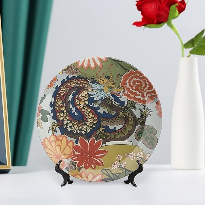 Ceramic Decorative Plate Chinoiserie Animal Dragon Personalized Decor for Wedding Art Decoration Household Wall Wall Hanging Decorative Plate with Display Stand And Hook Up, Gifts for Men Women