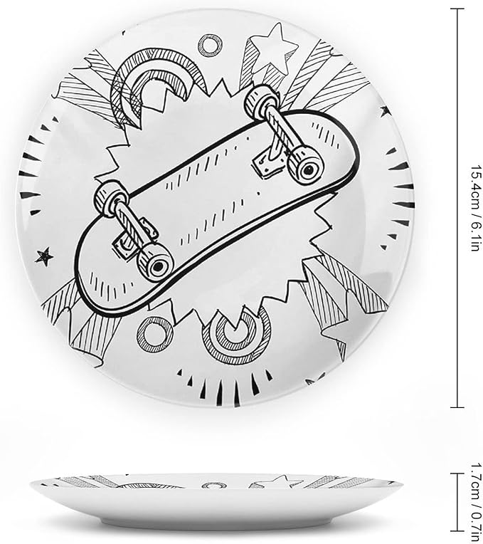 XISUNYA 7 Inch Decorative Plate, Doodle Ceramic Stoneware, Sketch of Skateboard with 60s Style Pop Art Print Ceramic Wall Hanging for Home & Office Wall Hanging Decor