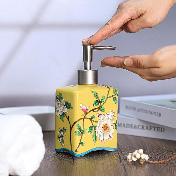 Ceramic Soap Dispenser, Lotion Bottle, Soap Bottle with Removable Pump, Flower Pattern Dispenser for Kitchen Soap, Bathroom Soap, Lotion and Essential Oil-Yellow-13 OZ