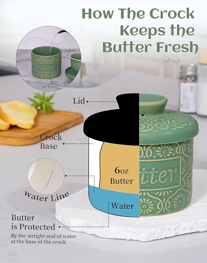 TEATALK Ceramic French Butter Crock - Vintage Relief Pattern Butter Keeper with Water Seal, 6.7oz Green Butter Dish for Fresh Spreadable Butter, Farmhouse Kitchen Decor & Gift