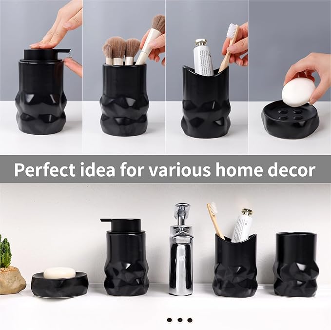 BosilunLife Modern Ceramic Bathroom Accessories Set, Bathroom Counter Set Matte Black Bathroom Decor Sets Accessories Bathroom Lotion Soap Dispenser, Toothbrush Holder Set, Soap Dish, Apothecary Jars