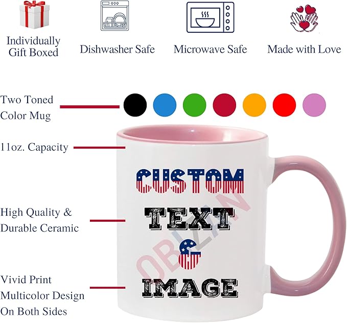 Custom Coffee Mug with Photo, Text, or Logo | Personalized Ceramic Mug 11oz | Customizable Gift for Men, Women | Unique Gift for Birthdays, Holidays, Christmas | White - Pink