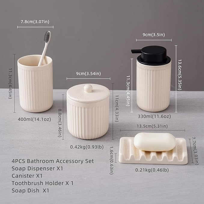 Ceramic Bathroom Accessories Set,Lotion Soap Dispenser and Toothbrush Holder Set, Soap Dish, Apothecary Jars,Rustic Farmhouse Decor, Bathroom Home Decor(Beige Set, Liquid)